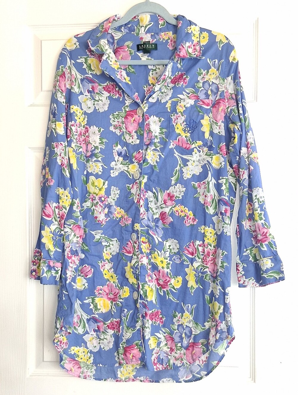 Lauren Ralph Lauren Blue Floral Button Up 100% Cotton Sleep Shirt Dress